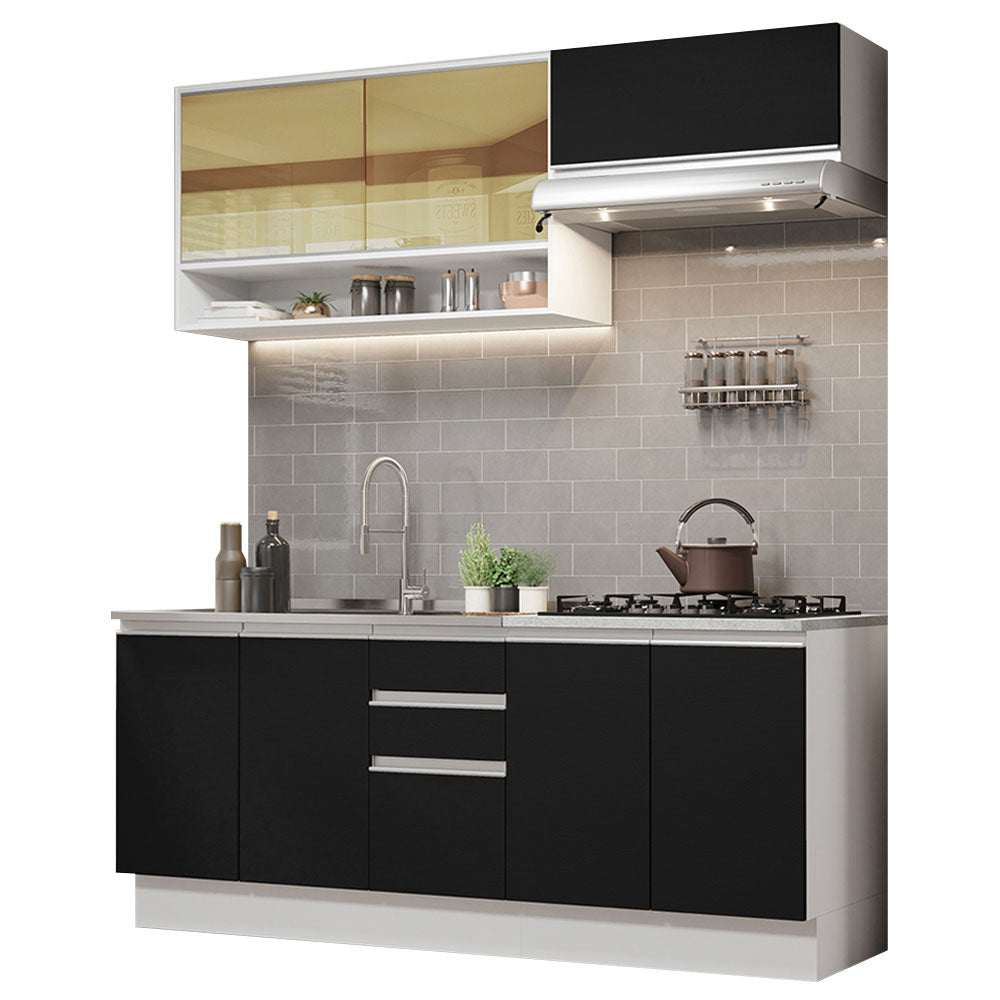 Cocina Compacta 200 cm 7 Puertas 3 Cajones Sin Mesada Blanco/Negro Glamy Madesa