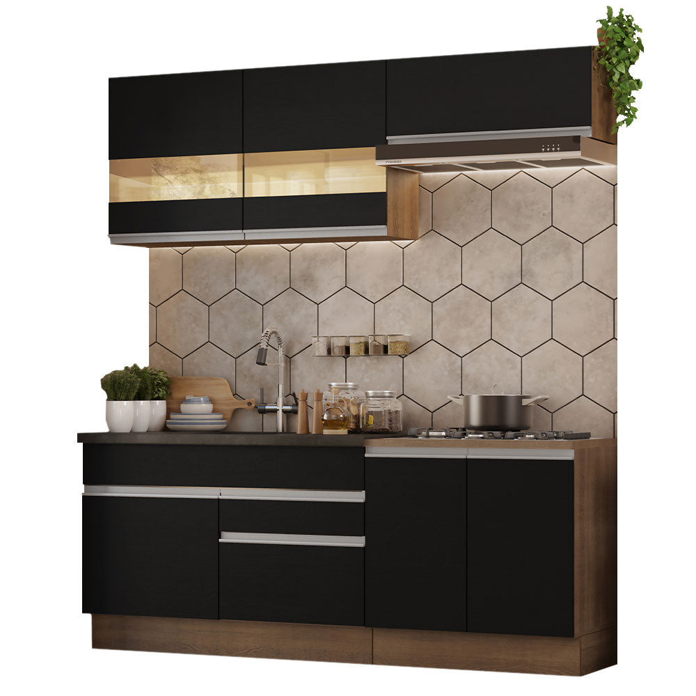 Cocina Compacta 200 cm 6 Puertas 2 Cajones Sin Mesada Marrón/Negro Glamy Madesa