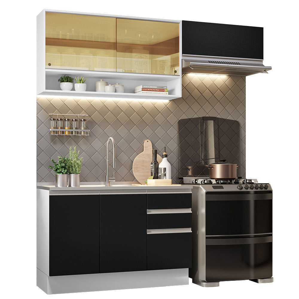 Cocina Compacta 200 cm 5 Puertas 3 Cajones Sin Mesada Blanco/Negro Glamy Madesa