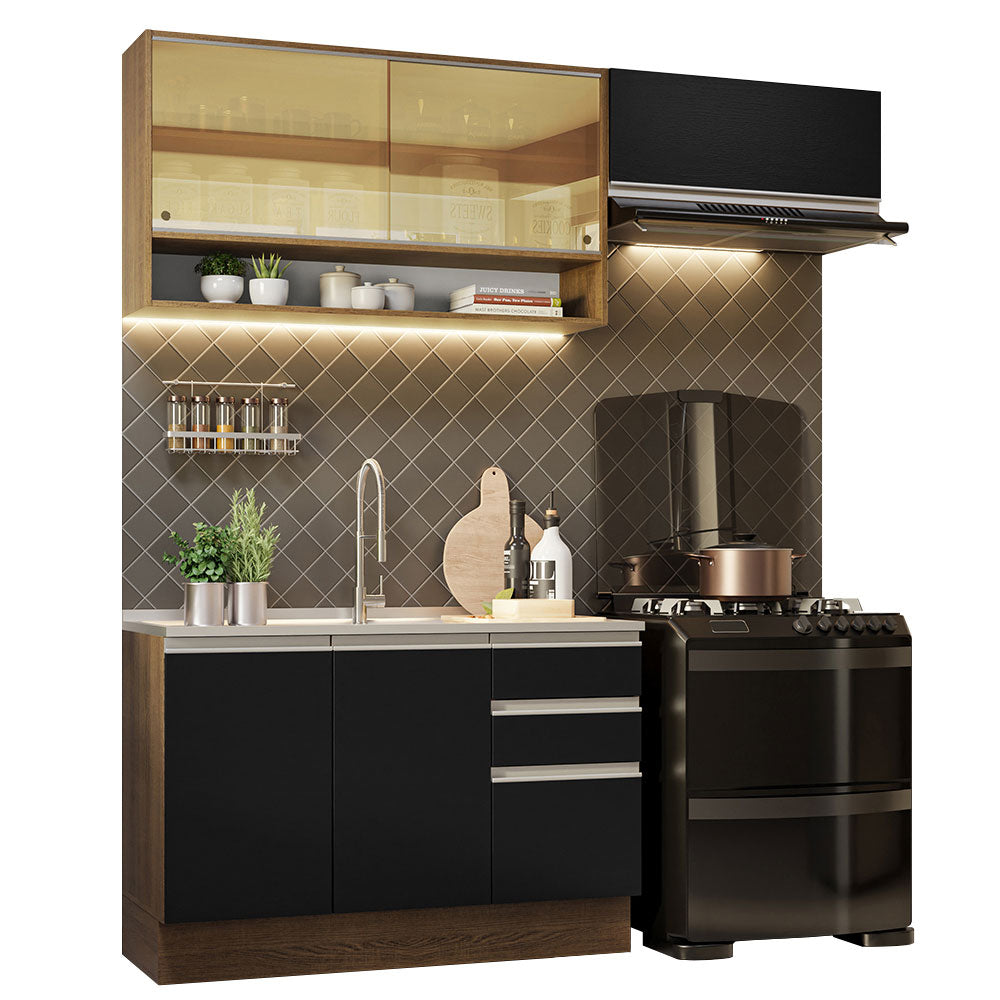 Cocina Compacta 200 cm 5 Puertas 3 Cajones Sin Mesada Marrón/Negro Glamy Madesa