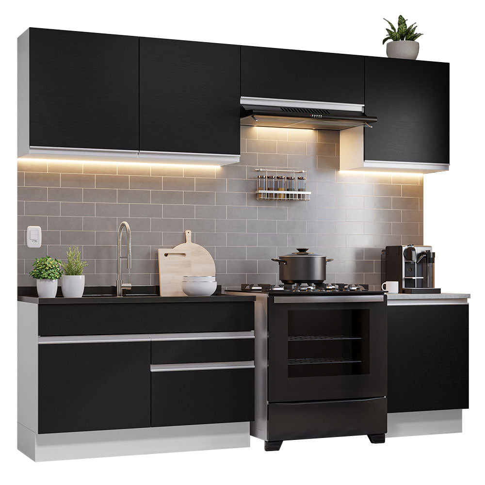 Combo completo de Cocina 260 cm 6 Puertas 2 Cajones Sin Mesada Blanco/Negro Glamy Madesa