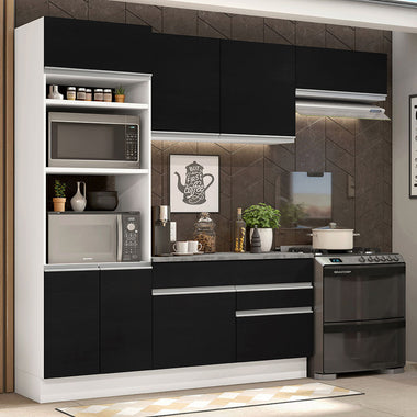 Combo completo de Cocina 270 cm 7 Puertas 2 Cajones Blanco/Negro Glamy Madesa