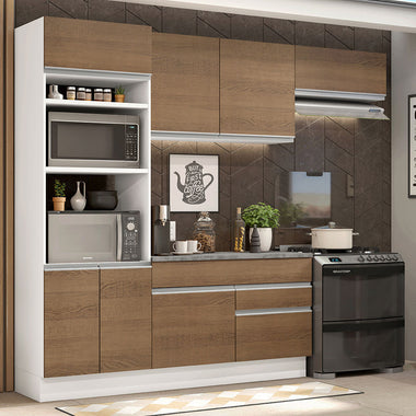 Combo completo de Cocina 270 cm 7 Puertas 2 Cajones Blanco/Marrón Glamy Madesa