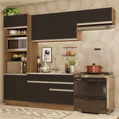 Combo completo de Cocina 270 cm 7 Puertas 2 Cajones Sin Mesada Marrón/Negro Glamy Madesa