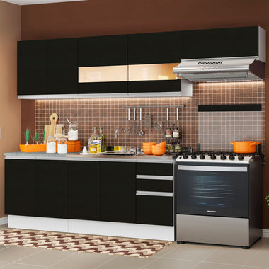 Combo completo de Cocina 280 cm 9 Puertas 3 Cajones Sin Mesada Blanco/Negro Glamy Madesa