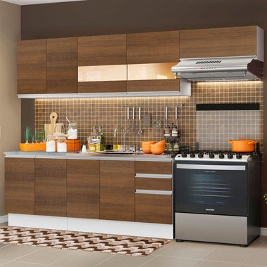 Combo completo de Cocina 280 cm 9 Puertas 3 Cajones Sin Mesada Blanco/Marrón Glamy Madesa