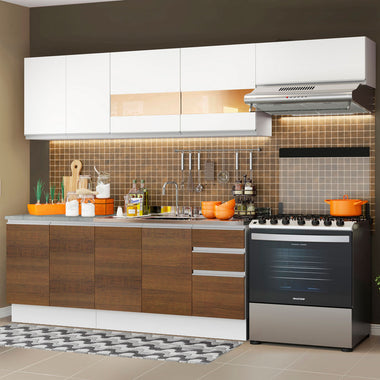 Combo completo de Cocina 280 cm 9 Puertas 3 Cajones Sin Mesada Blanco/Marrón Glamy Madesa