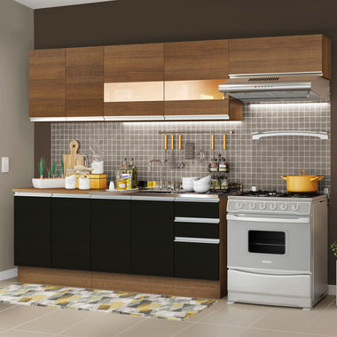 Combo completo de Cocina 280 cm 9 Puertas 3 Cajones Sin Mesada Marrón/Negro Glamy Madesa