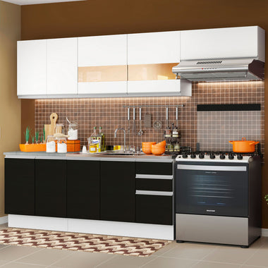 Combo completo de Cocina 280 cm 9 Puertas 3 Cajones Sin Mesada Blanco/Negro Glamy Madesa