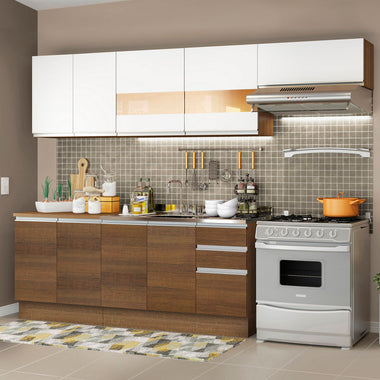 Combo completo de Cocina 280 cm 9 Puertas 3 Cajones Sin Mesada Marrón/Blanco Glamy Madesa 03