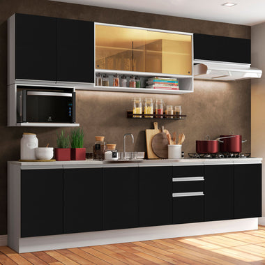 Combo completo de Cocina 280 cm 11 Puertas 3 Cajones Sin Mesada Blanco/Negro Glamy Madesa
