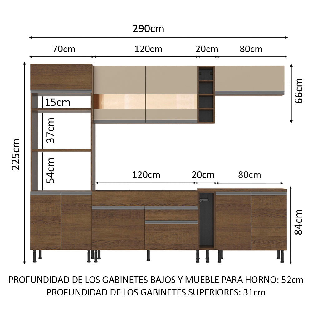 Combo completo de Cocina Madesa Glamy 290cm Marrón/Marrón/Crema 11