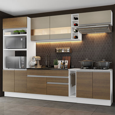 Combo completo de Cocina 290 cm 9 Puertas 2 Cajones Sin Mesada Blanco/Marrón/Crema Glamy Madesa