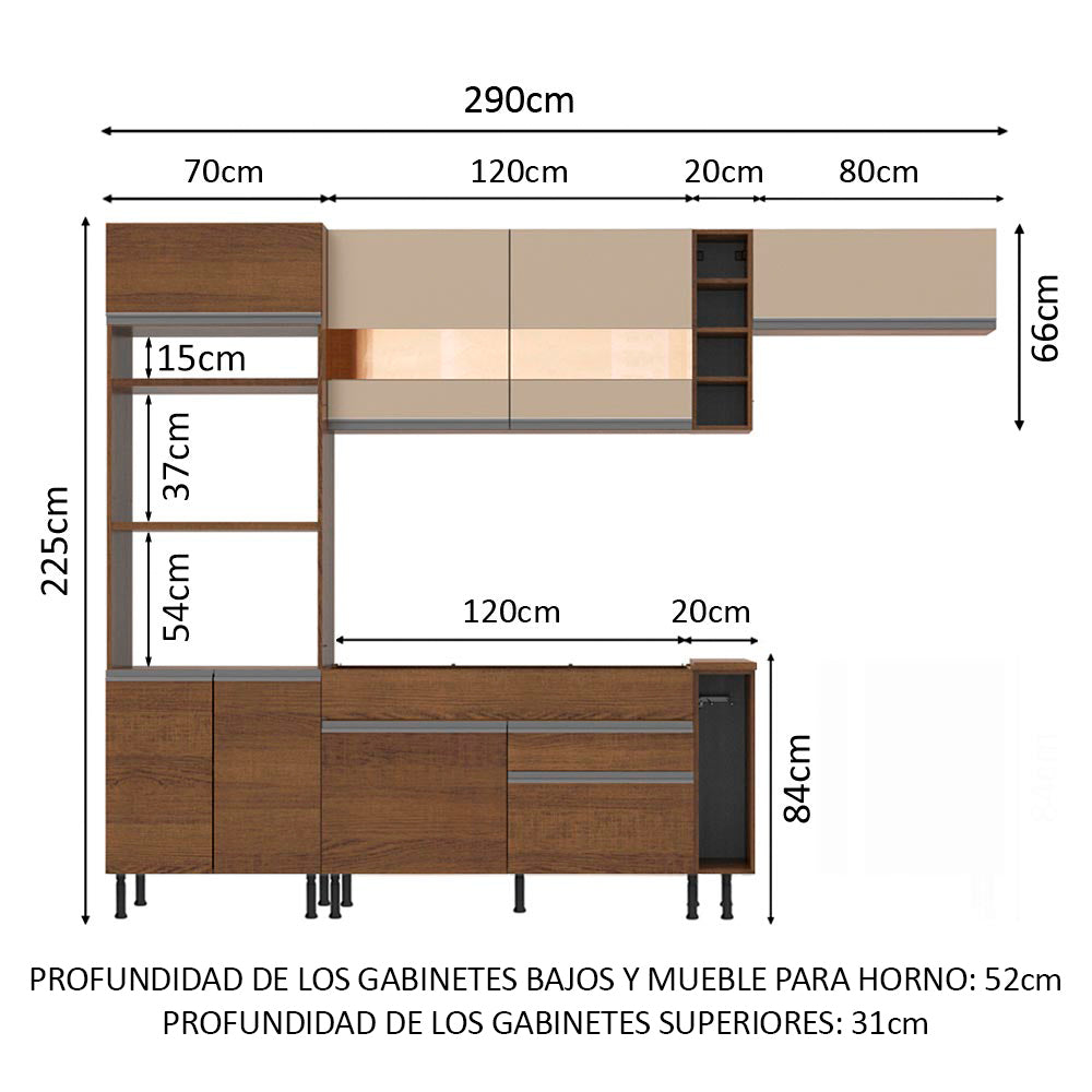 Combo completo de Cocina Madesa Glamy 290cm Marrón/Marrón/Crema 13
