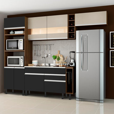 Combo completo de Cocina 290 cm 7 Puertas 2 Cajones Sin Mesada Marrón/Negro/Crema Glamy Madesa