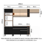 Combo completo de Cocina 290 cm 7 Puertas 2 Cajones con Patas Marrón/Negro/Crema Glamy Madesa