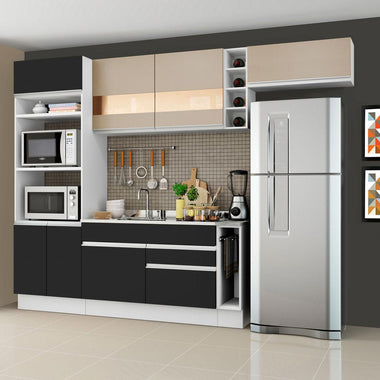 Combo completo de Cocina 290 cm 7 Puertas 2 Cajones Sin Mesada Blanco/Negro/Crema Glamy Madesa
