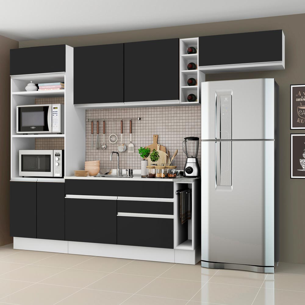 Combo completo de Cocina 290 cm 7 Puertas 2 Cajones Sin Mesada Blanco/Negro Glamy Madesa 04