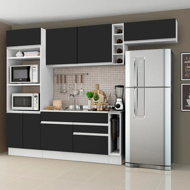 Combo completo de Cocina 290 cm 7 Puertas 2 Cajones Sin Mesada Blanco/Negro Glamy Madesa