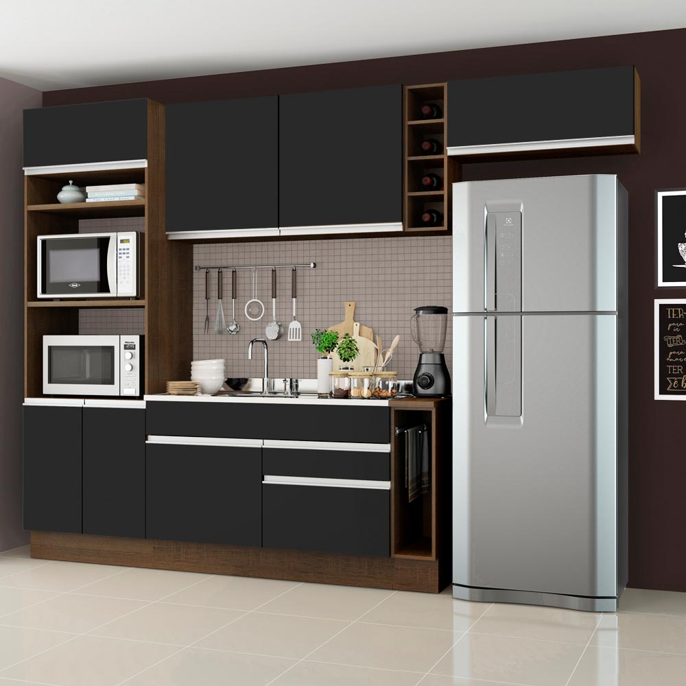 Combo completo de Cocina 290 cm 7 Puertas 2 Cajones Sin Mesada Marrón/Negro Glamy Madesa