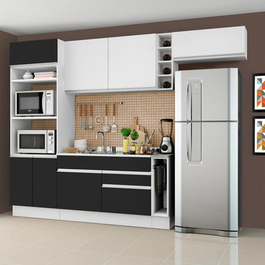 Combo completo de Cocina 290 cm 7 Puertas 2 Cajones Sin Mesada Blanco/Negro Glamy Madesa