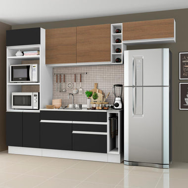 Combo completo de Cocina 290 cm 7 Puertas 2 Cajones Sin Mesada Blanco/Negro/Marrón Glamy Madesa