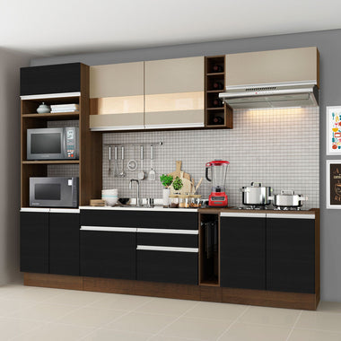 Combo completo de Cocina 290 cm 9 Puertas 2 Cajones Sin Mesada Marrón/Negro/Crema Glamy Madesa