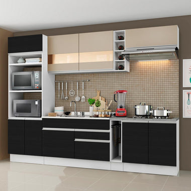 Combo completo de Cocina 290 cm 9 Puertas 2 Cajones Sin Mesada Blanco/Negro/Crema Glamy Madesa