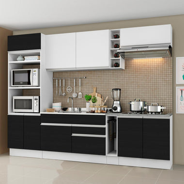 Combo completo de Cocina 290 cm 9 Puertas 2 Cajones Sin Mesada Blanco/Negro Glamy Madesa