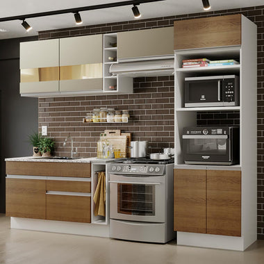 Combo completo de Cocina 290 cm 7 Puertas 2 Cajones Sin Mesada Blanco/Marrón/Crema Glamy Madesa