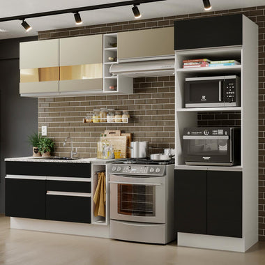Combo completo de Cocina 290 cm 7 Puertas 2 Cajones Sin Mesada Blanco/Negro/Crema Glamy Madesa