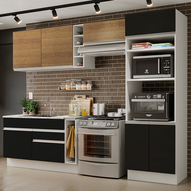Combo completo de Cocina 290 cm 7 Puertas 2 Cajones Sin Mesada Blanco/Negro/Marrón Glamy Madesa