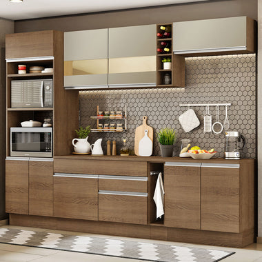 Combo completo de Cocina 290 cm 9 Puertas 2 Cajones Marrón/Crema Glamy Madesa