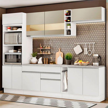 Combo completo de Cocina 290 cm 9 Puertas 2 Cajones Blanco/Crema Glamy Madesa