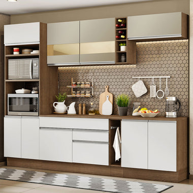 Combo completo de Cocina 290 cm 7 Puertas 2 Cajones Marrón/Crema/Blanco Glamy Madesa