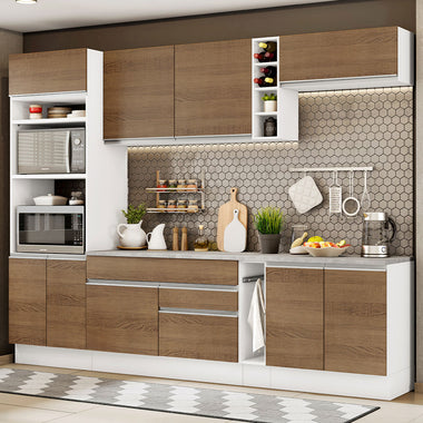 Combo completo de Cocina 290 cm 9 Puertas 2 Cajones Blanco/Marrón Glamy Madesa