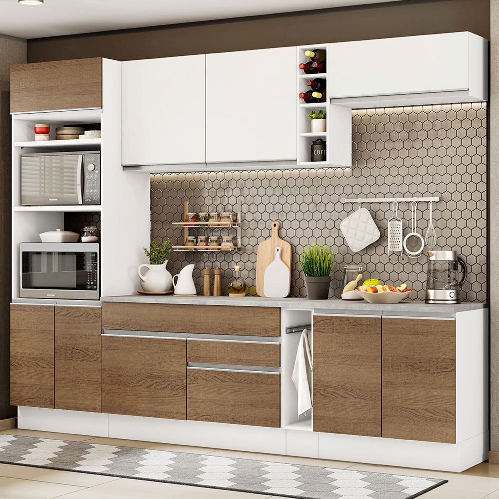 Combo completo de Cocina 290 cm 9 Puertas 2 Cajones Blanco/Marrón/Blanco Glamy Madesa