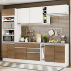 Combo completo de Cocina 290 cm 9 Puertas 2 Cajones Blanco/Marrón/Blanco Glamy Madesa