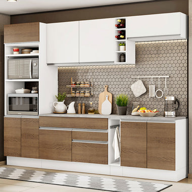Combo completo de Cocina 290 cm 9 Puertas 2 Cajones Blanco/Marrón Glamy Madesa