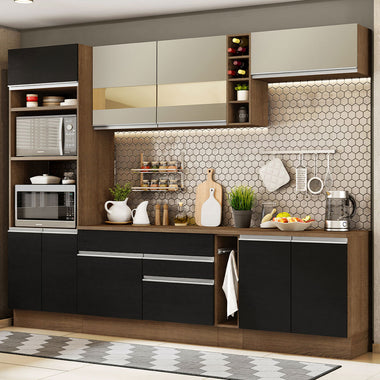 Combo completo de Cocina 290 cm 9 Puertas 2 Cajones Marrón/Negro/Crema Glamy Madesa