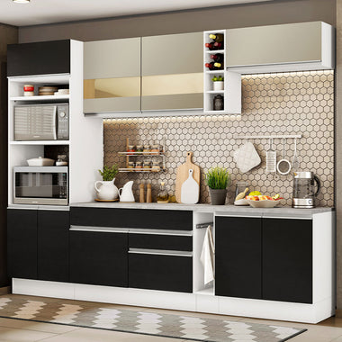 Combo completo de Cocina 290 cm 9 Puertas 2 Cajones Blanco/Negro/Crema Glamy Madesa