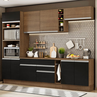 Combo completo de Cocina 290 cm 9 Puertas 2 Cajones Marrón/Negro Glamy Madesa