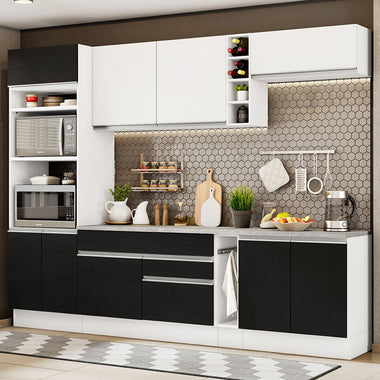 Combo completo de Cocina 290 cm 9 Puertas 2 Cajones Blanco/Negro Glamy Madesa