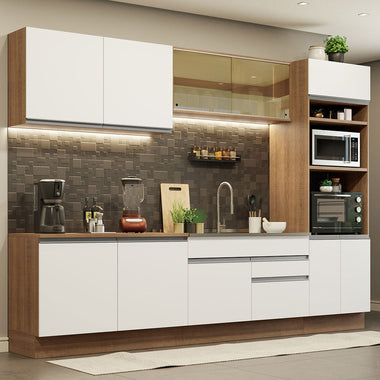 Combo completo de Cocina 310 cm 10 Puertas 2 Cajones Sin Mesada Marrón/Blanco Glamy Madesa