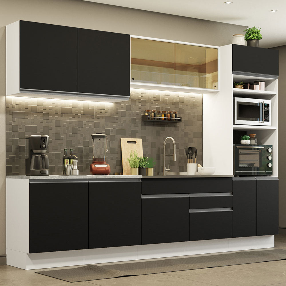 Combo completo de Cocina 310 cm 10 Puertas 2 Cajones Sin Mesada Blanco/Negro Glamy Madesa