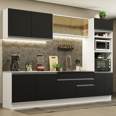 Combo completo de Cocina 310 cm 10 Puertas 2 Cajones Sin Mesada Blanco/Negro Glamy Madesa