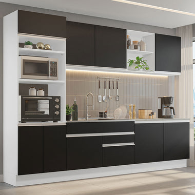 Combo completo de Cocina 310 cm 9 Puertas 2 Cajones Sin Mesada Blanco/Negro Glamy Madesa