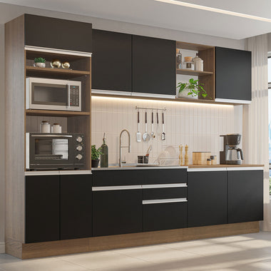 Combo completo de Cocina 310 cm 9 Puertas 2 Cajones Sin Mesada Marrón/Negro Glamy Madesa