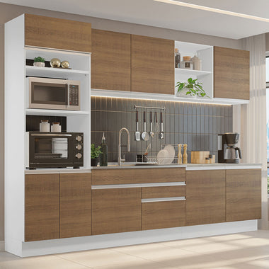 Combo completo de Cocina 310 cm 9 Puertas 2 Cajones Sin Mesada Blanco/Marrón Glamy Madesa