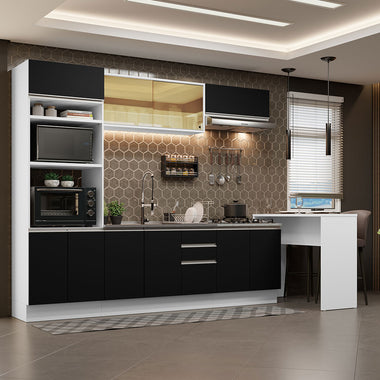 Kit de Cocina 315 cm y Bajo Mesada 10 Puertas 3 Cajones Sin Mesada Blanco/Negro Glamy Madesa